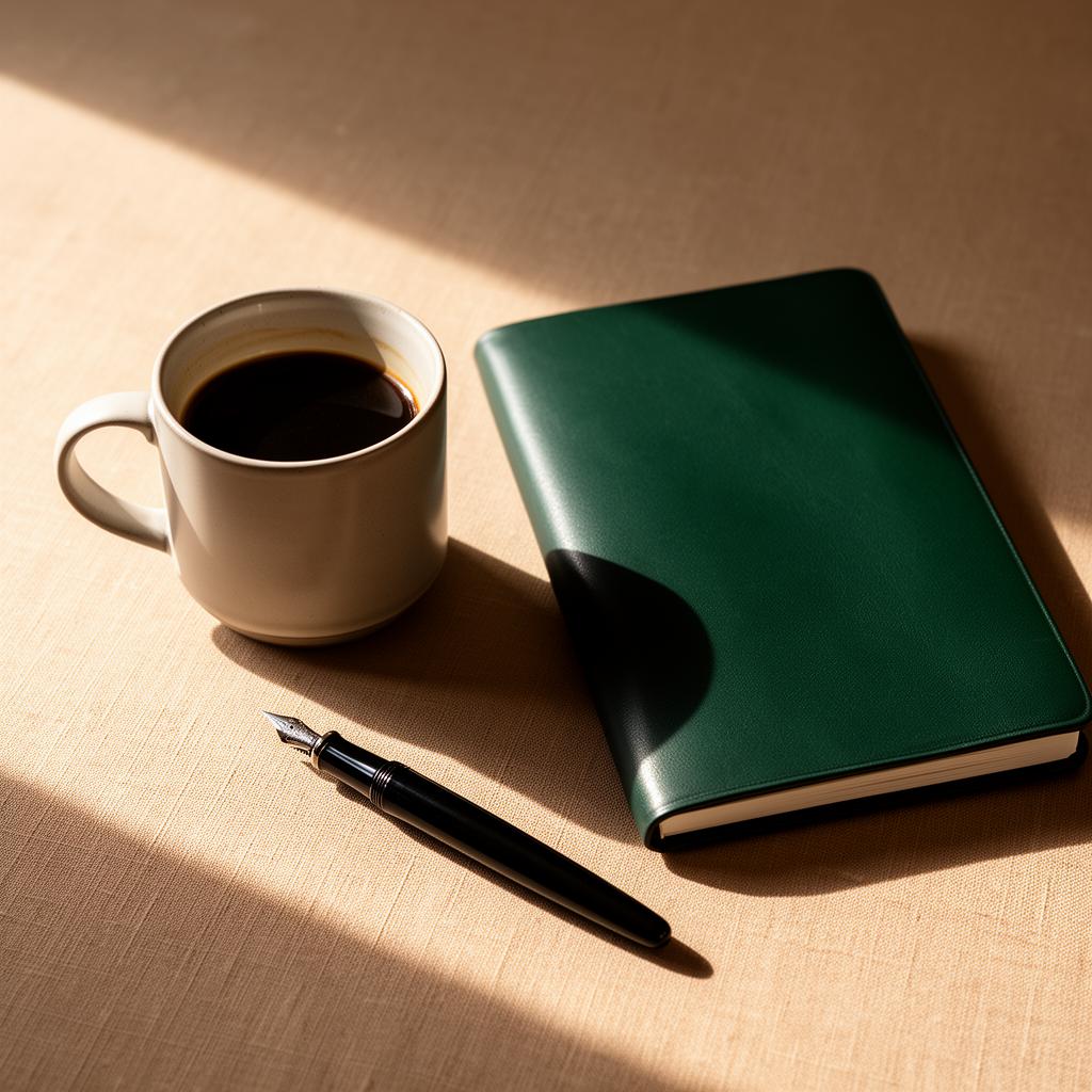 Mesa de trabalho com caderno verde, xícara de café e caneta — estruturação comercial